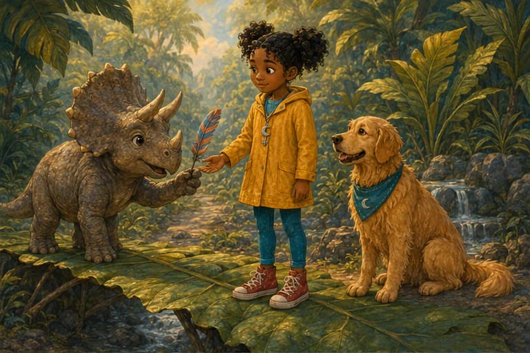 The same Emma and Cooper meet a baby triceratops in a fern-filled forest