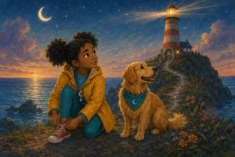 Emma and Cooper watching a lighthouse blink across a quiet cove