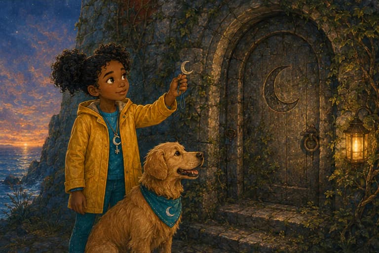 Emma holds up her moon key beside Cooper at a hidden lighthouse door