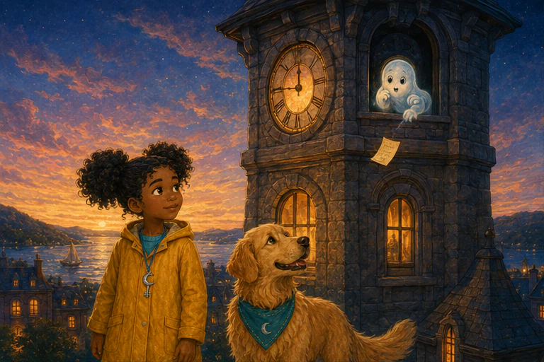 Illustrated cover for The Friendly Ghost in the Clocktower