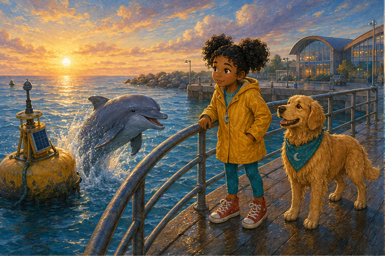 Illustrated cover for Dolphins at Dawn