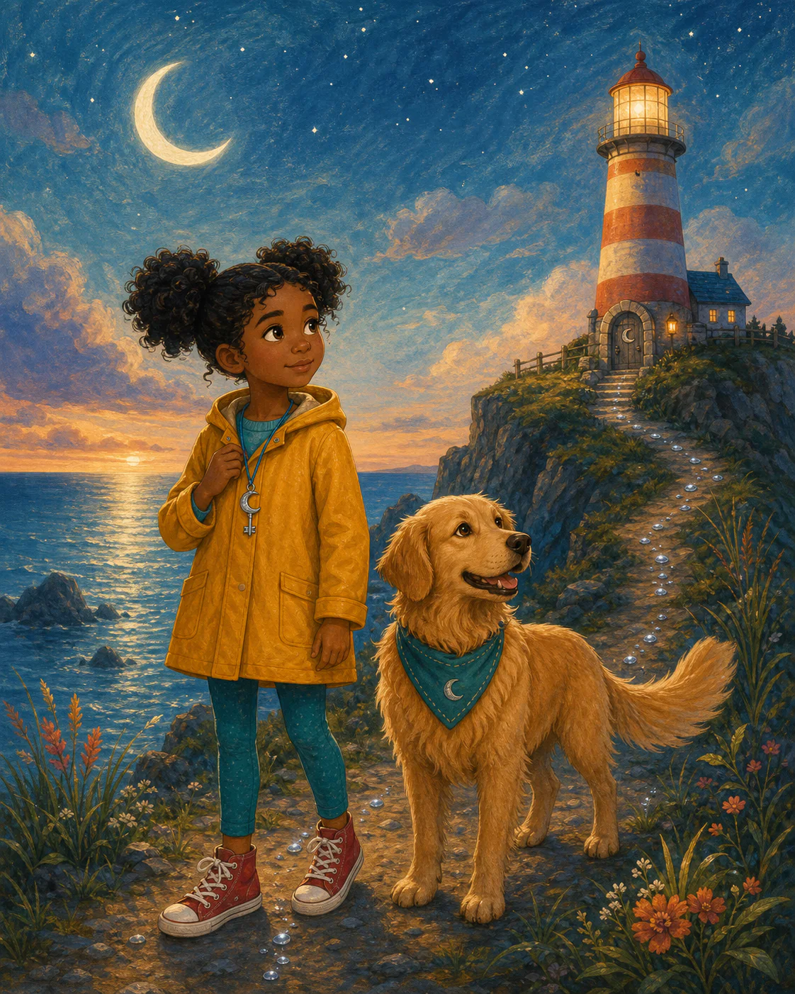 Emma and Cooper looking toward a lighthouse under a bright moon